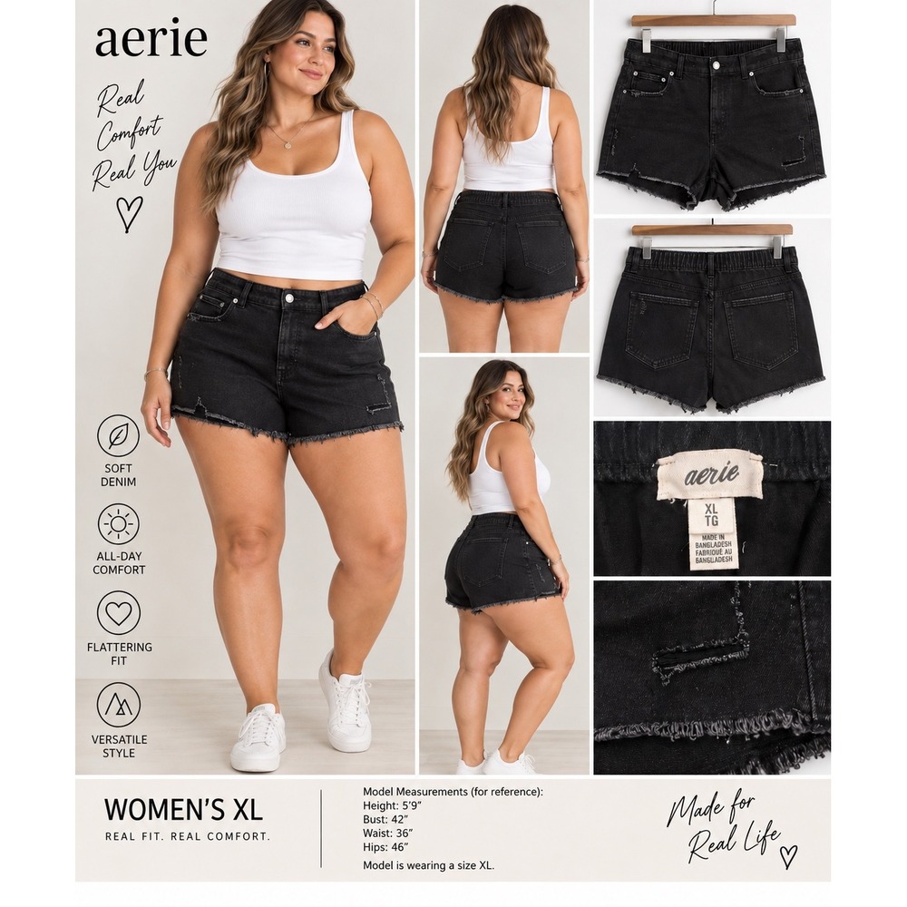Aerie NWT Black Distressed Denim Shorts Women's XL Frayed Raw Hem